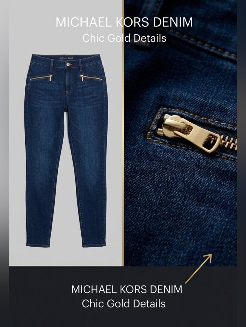 Michael Kors High Rise Skinny Jeans Dark Wash Gold Zip Detail Women’s Size 10